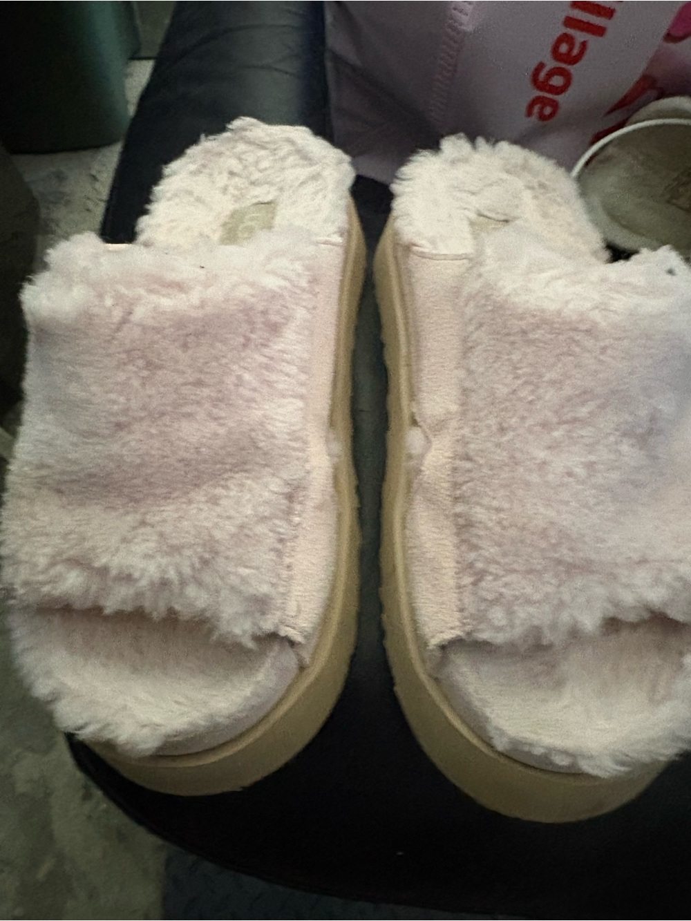 UGG Pink Fuzz Platform Slide Sandals